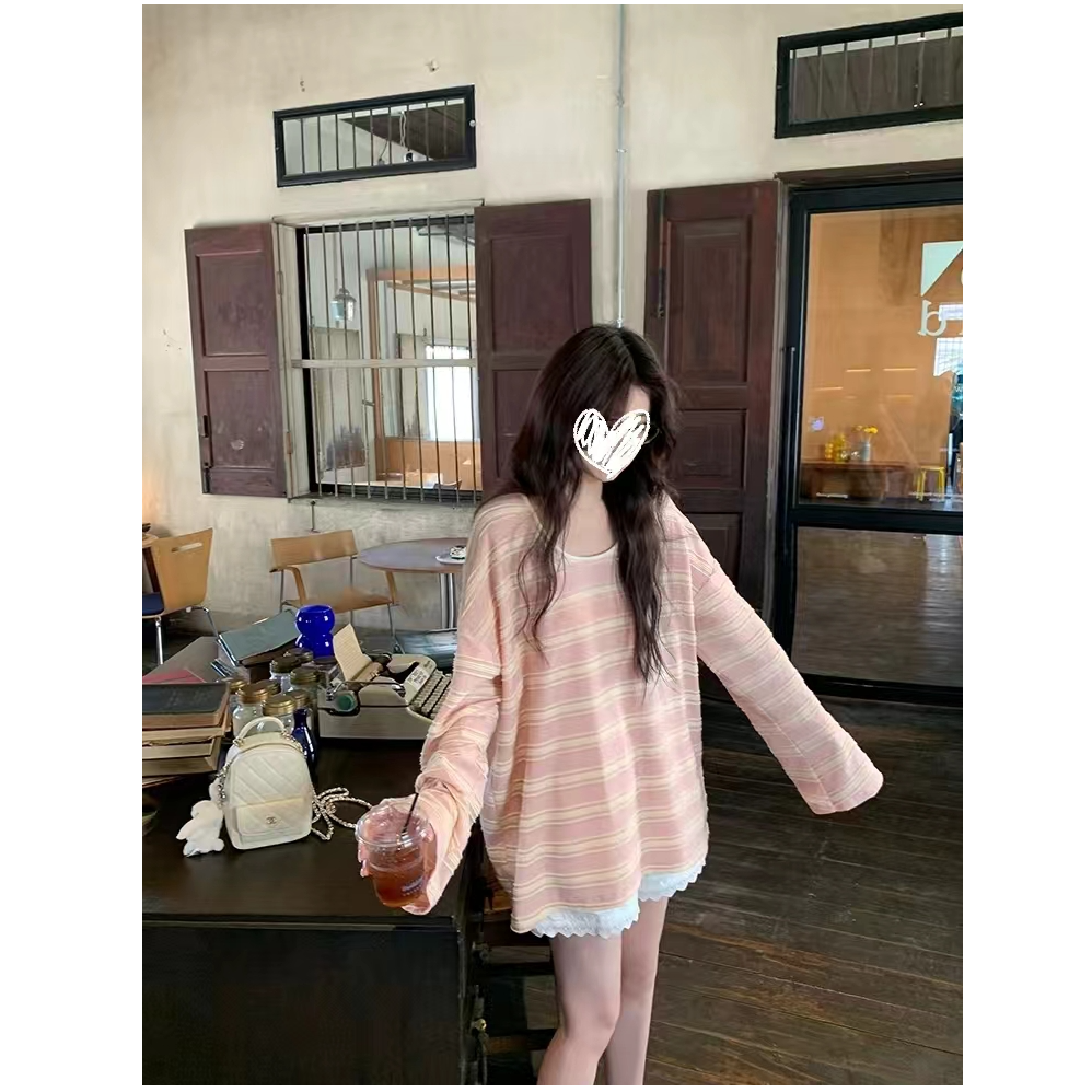 松弛宽松时尚百搭拼色条纹针织长袖T早春女5001