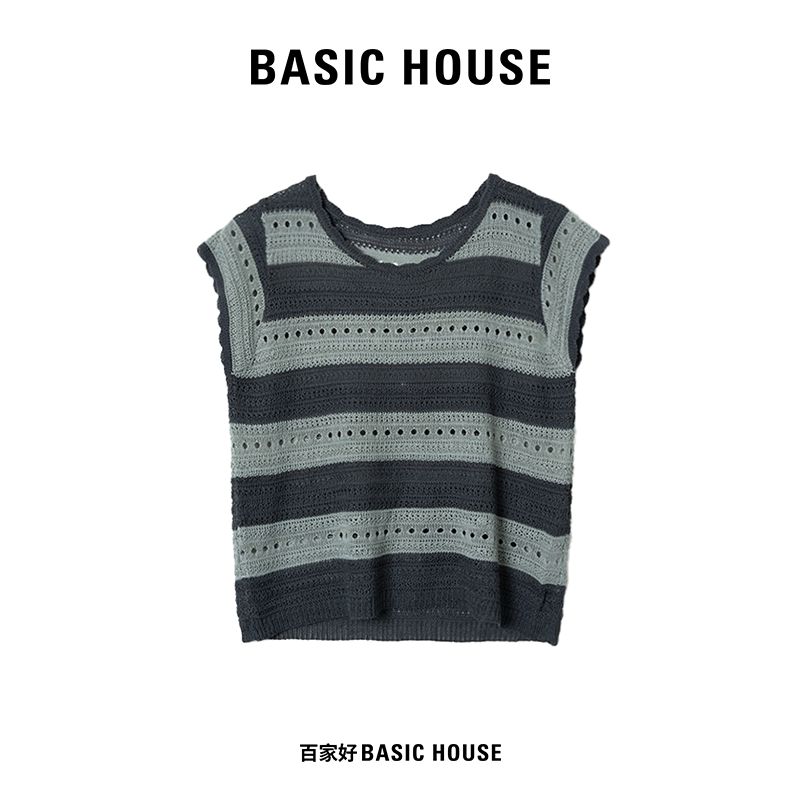  Basic House/百家好新款无袖百搭圆领条纹修身针织衫9222 MM