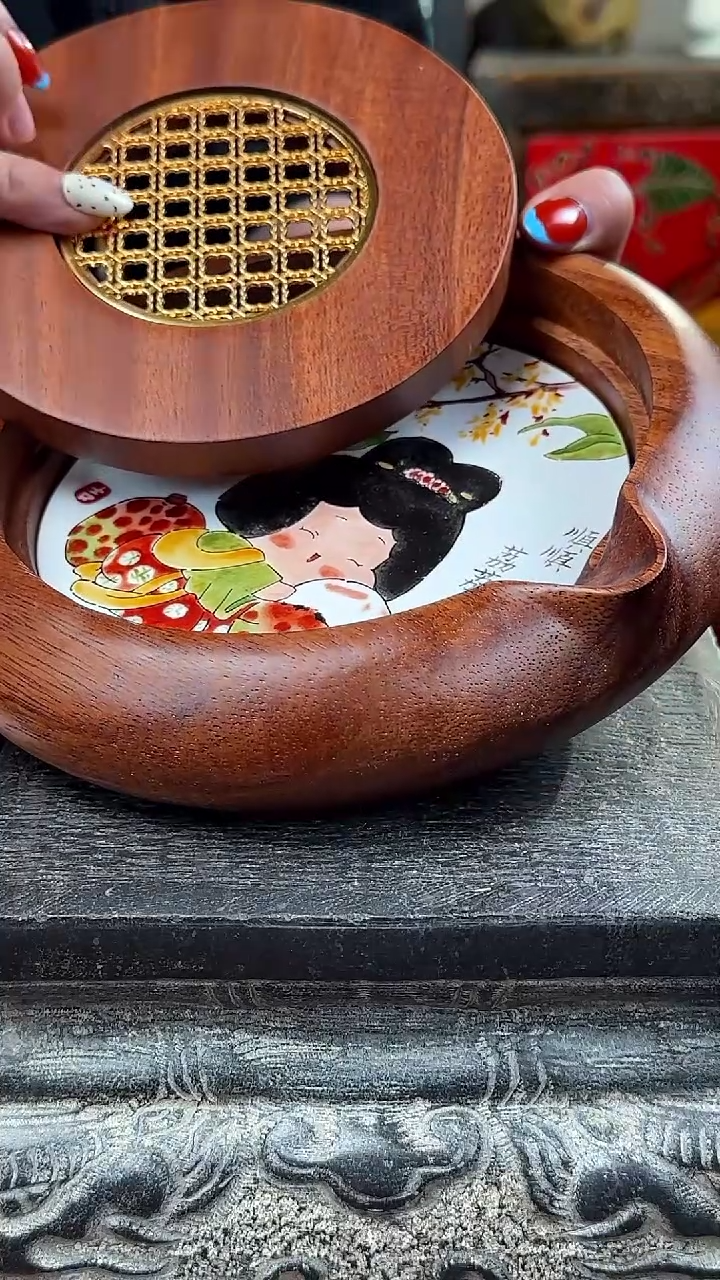 摆件陶瓷釉上彩瓷片南美胡桃木茶盘