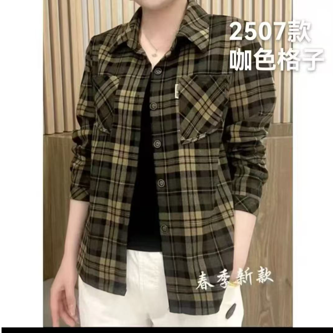 格子POLO领翻领个性街头口袋衬衫显瘦秋季韩版春秋百搭休闲时尚