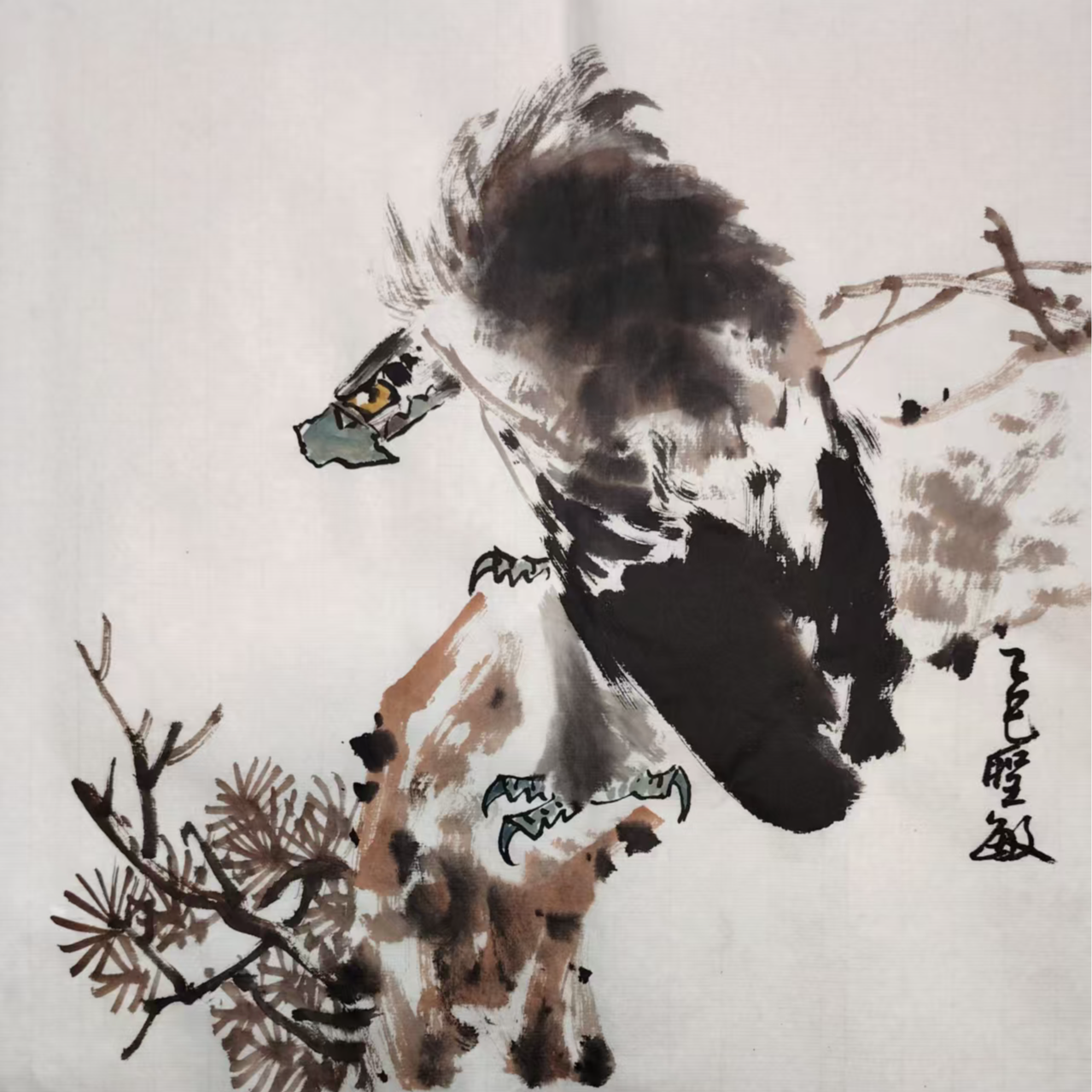 国画作品纯手绘花鸟画《松鹰图》