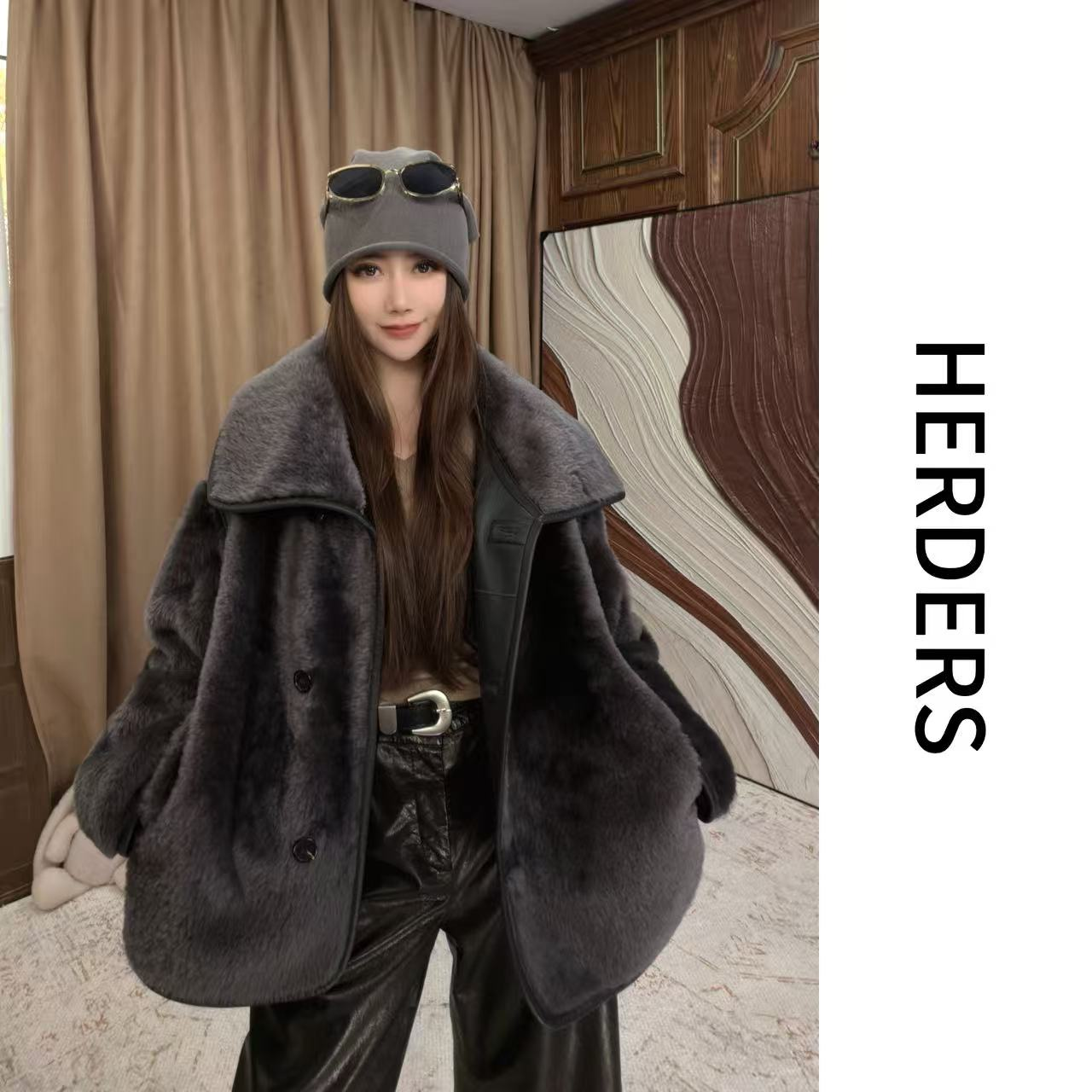 HERDERS“高奢拉贡系列” 短款翻领皮毛一体外套 52310