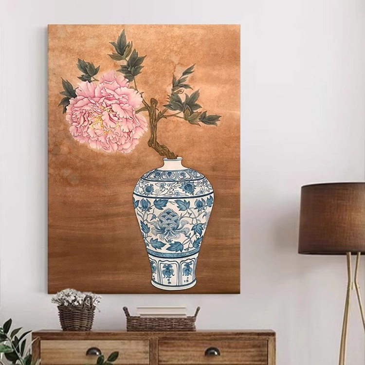 牡丹花开富贵新中式客厅装饰画玄关青花瓷花瓶中古风挂画