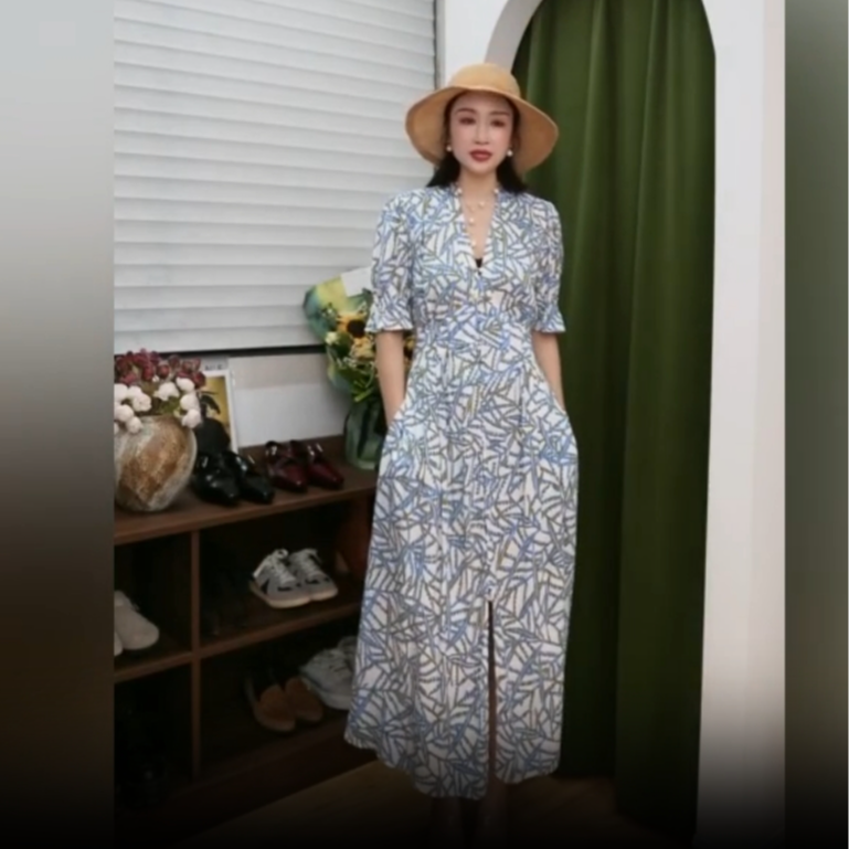 葭恩白蓝竹枝印花高品质女装连衣裙0697