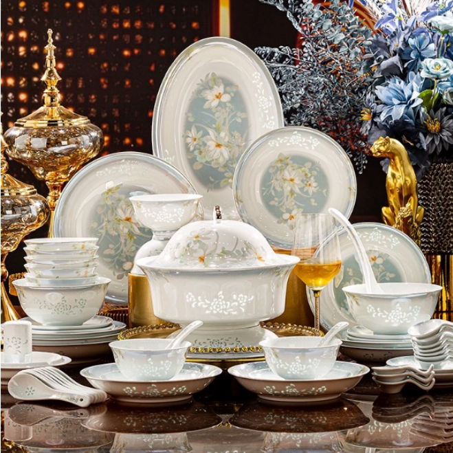 景德镇餐具高档白瓷贵妃玲珑60件乔迁新居高端套组轻奢简约风