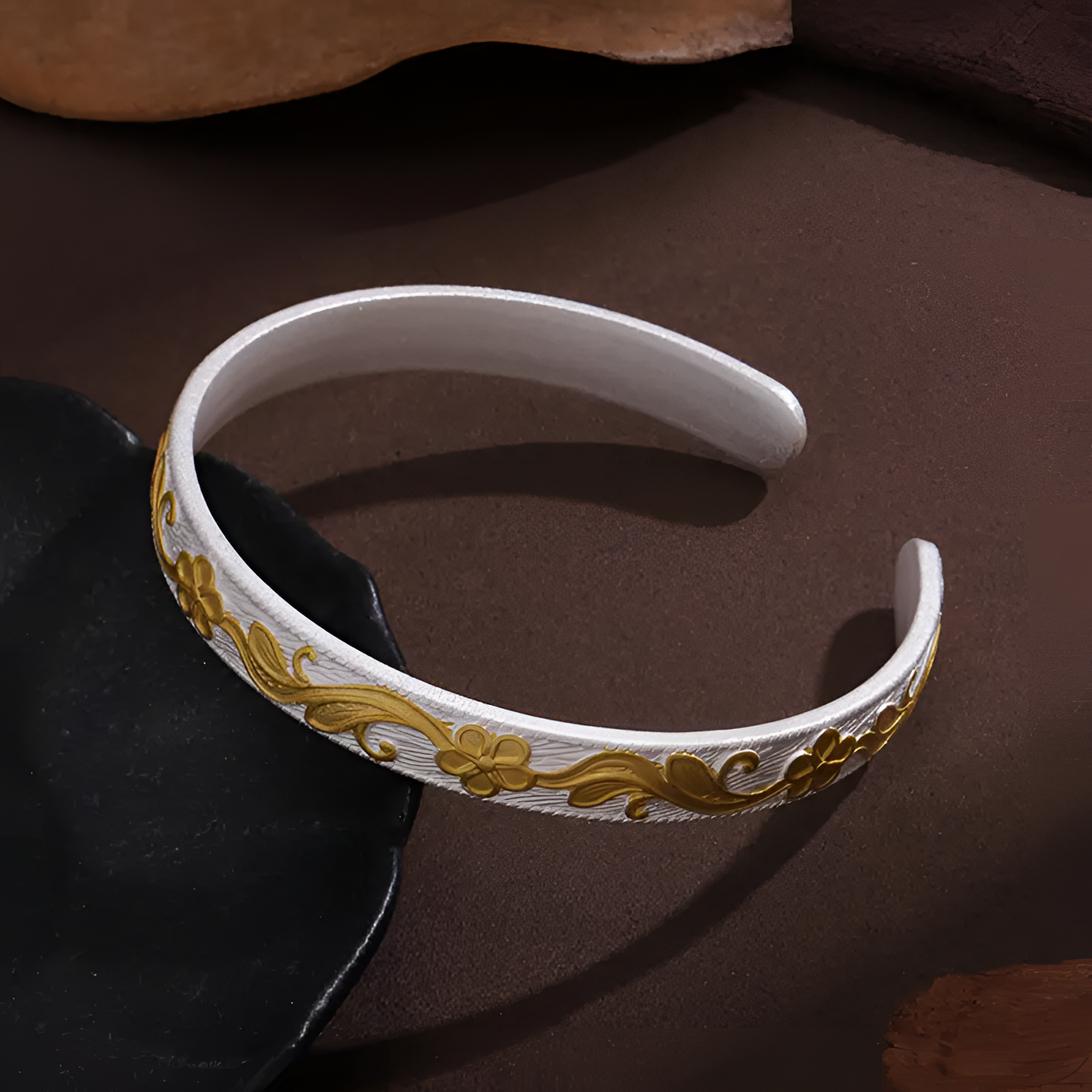 足银手镯 百花齐放足银999.9开口镯描金花朵时尚雕刻雕花鎏金