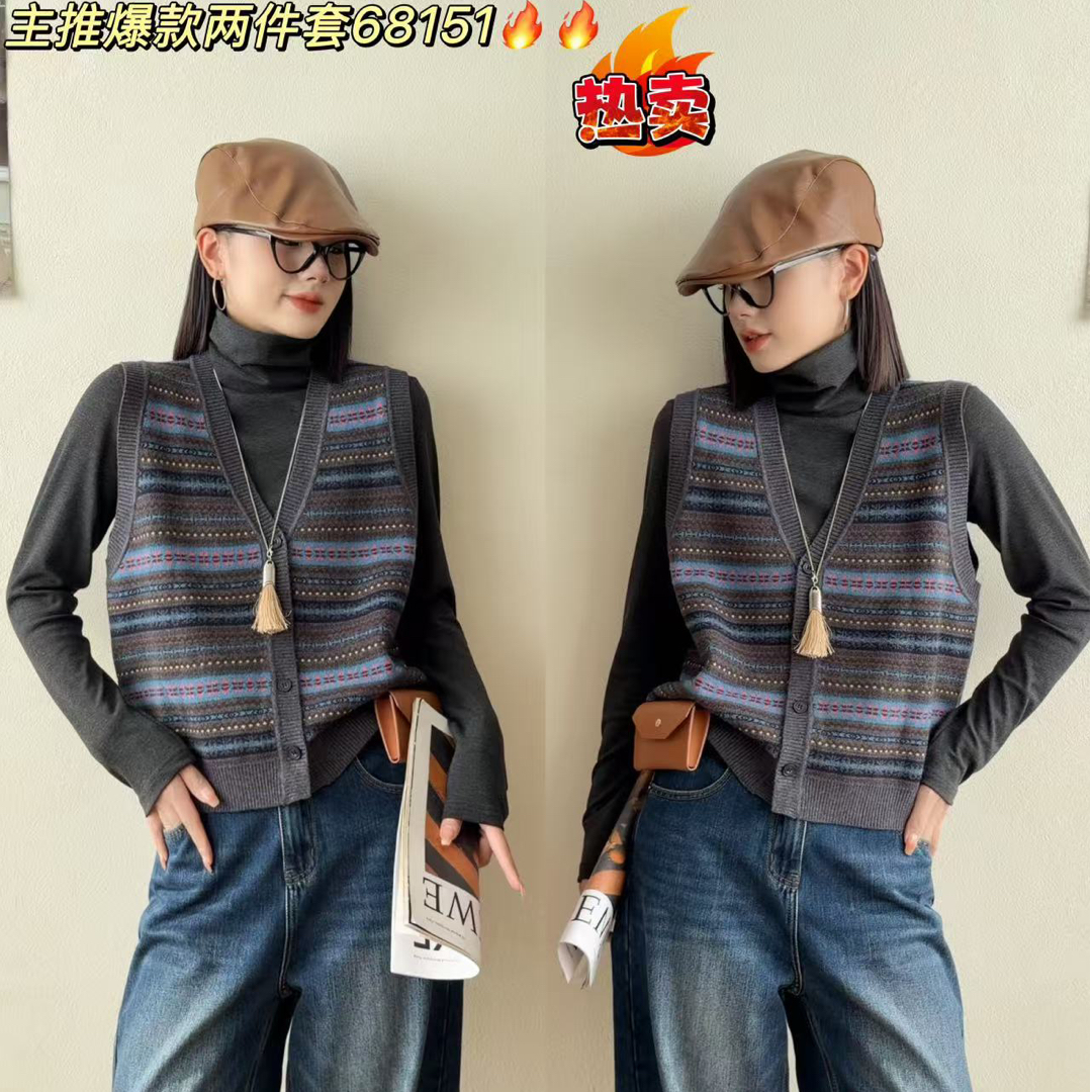 [ W i F i ]68151 68152提花针织高领打底衫两件套上衣