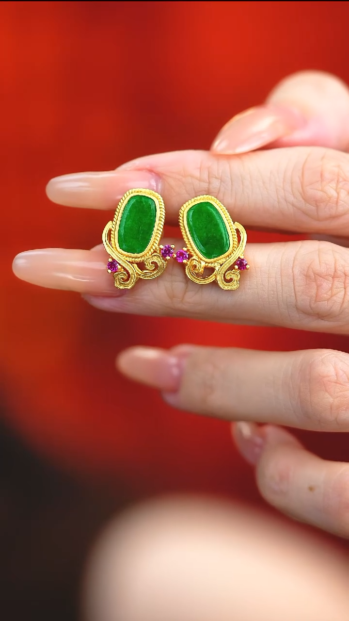 银S925镶嵌翡翠耳饰新款