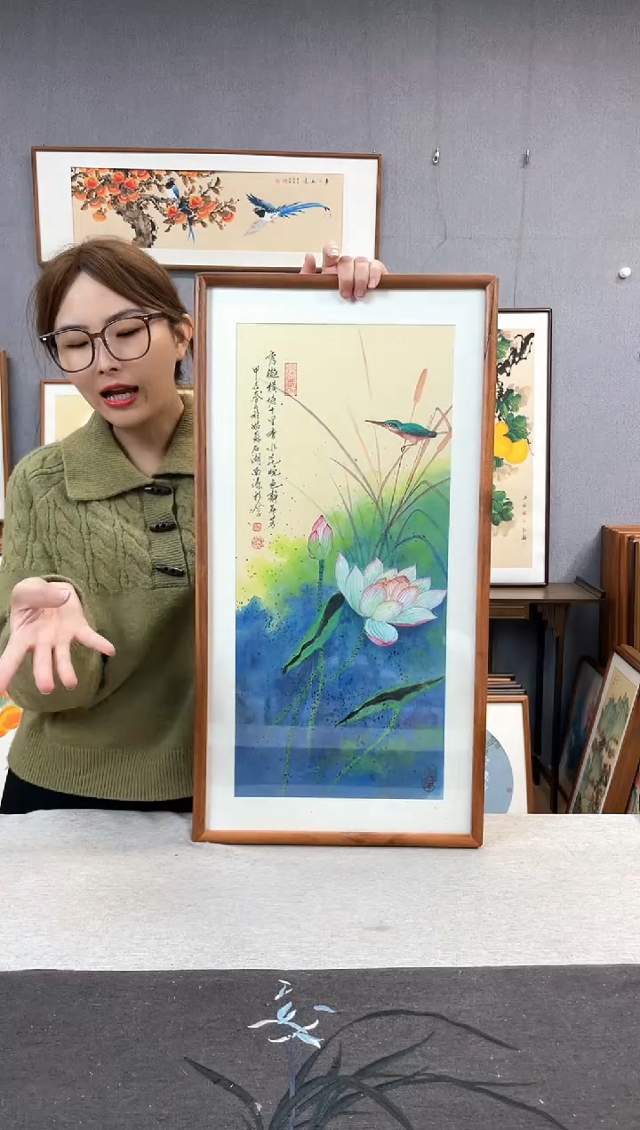 【闪购商品】国画王嘉诚-手绘带框作品-35*68-荷花
