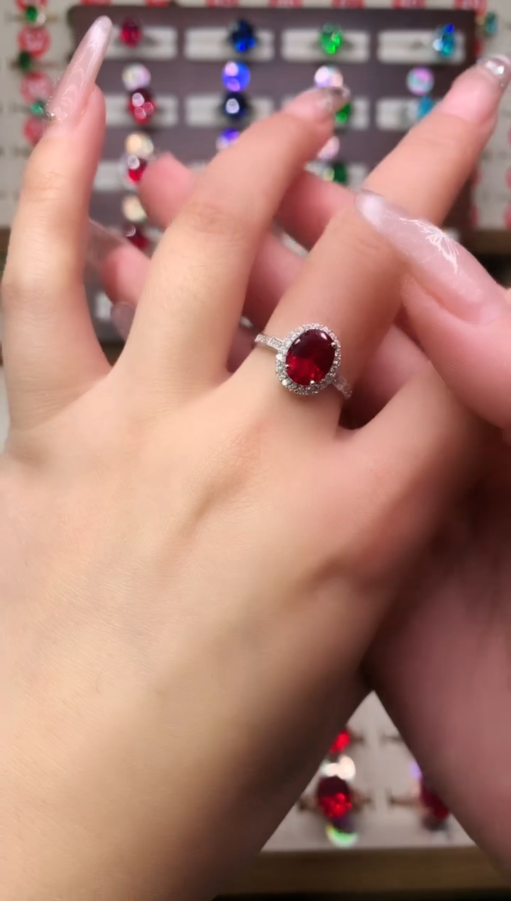 银S925镶嵌戒指红宝石7*9 酒红 银托