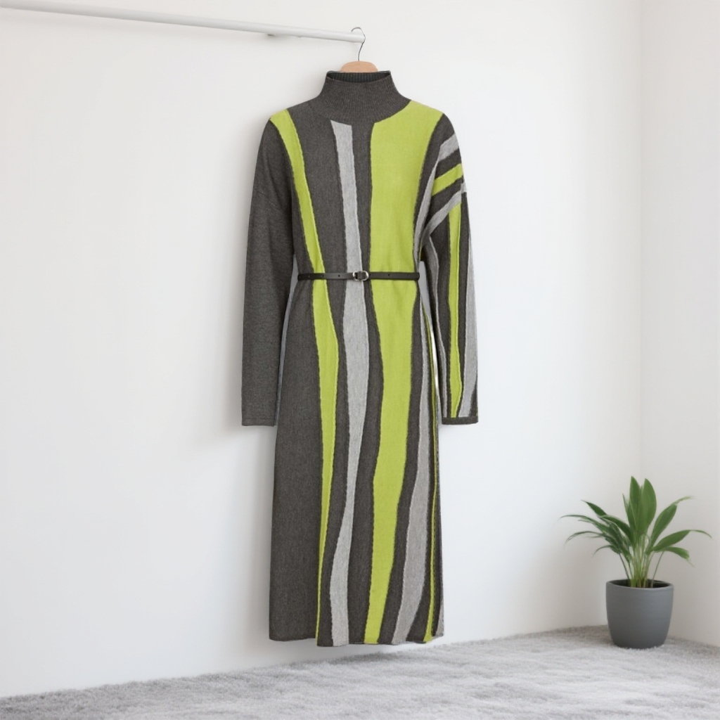 sdeer圣迪奥女装时尚气质罗纹圆领撞色收腰针织连衣裙S24181209