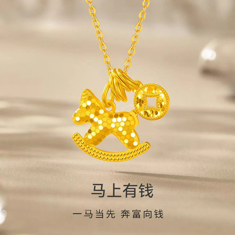 铜合金项链 【马上有钱】CMC铜钱木马项链女款金色灵动精致