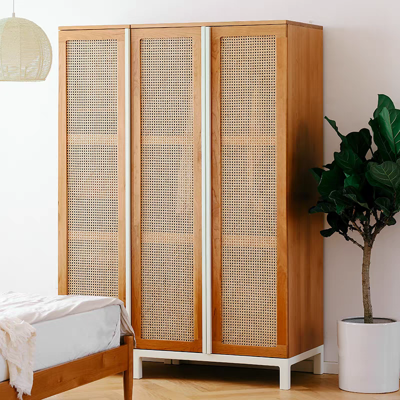 樱桃木衣柜单门双门衣橱带抽屉大容量藤编衣柜简约现代