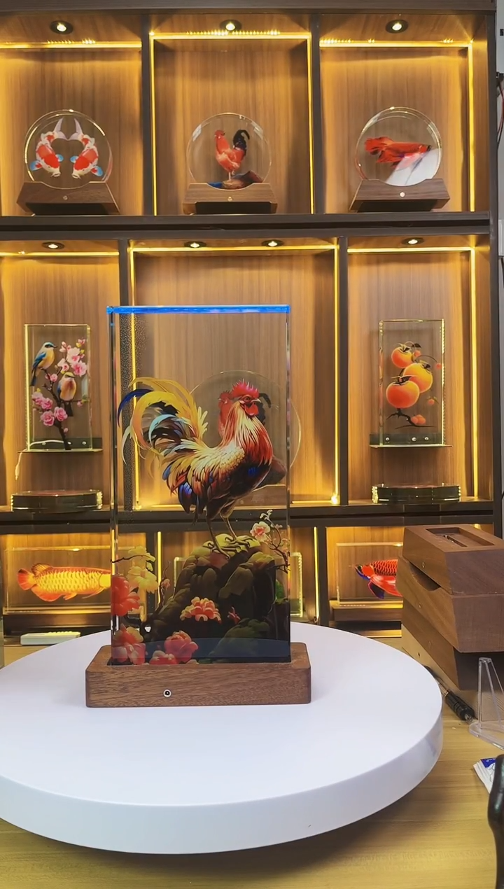 玻璃@****！细微尺寸30*15*4鸿运公鸡+底座