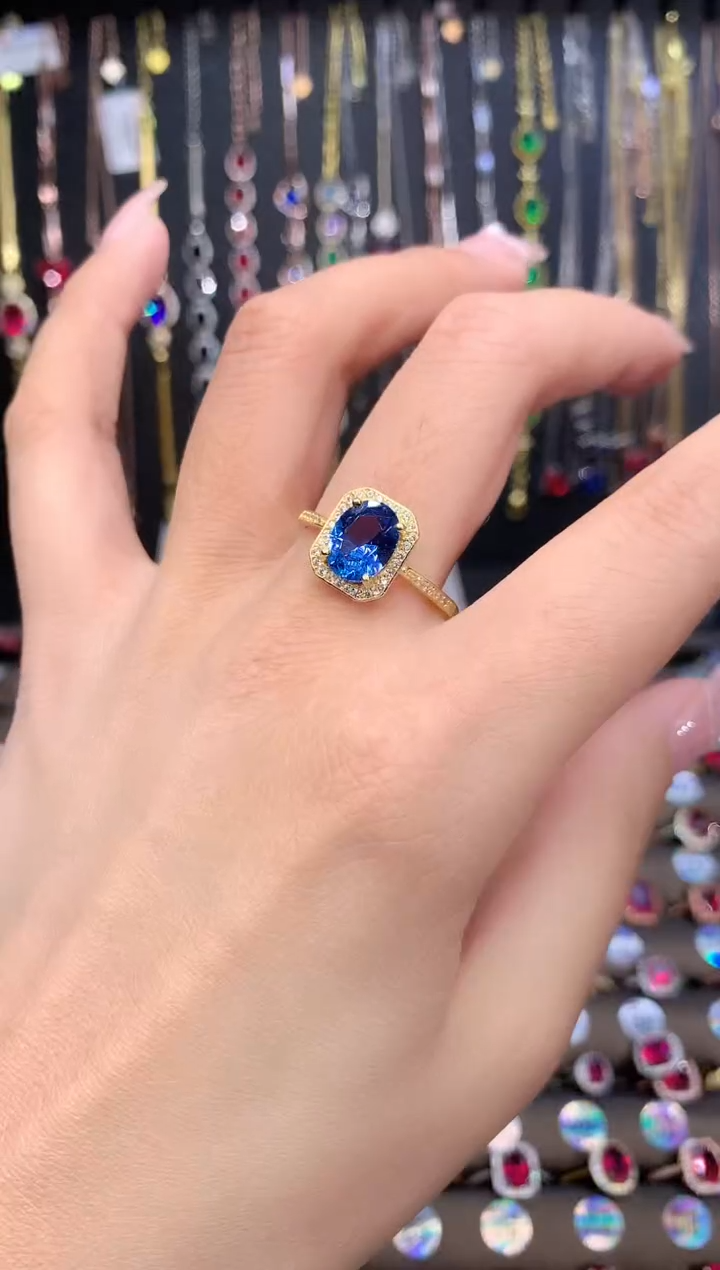 蓝宝石戒指银S925镶嵌79金色