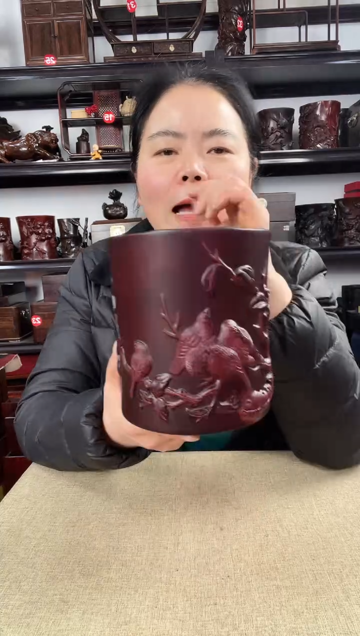 木老李红木工艺品五雀笔筒