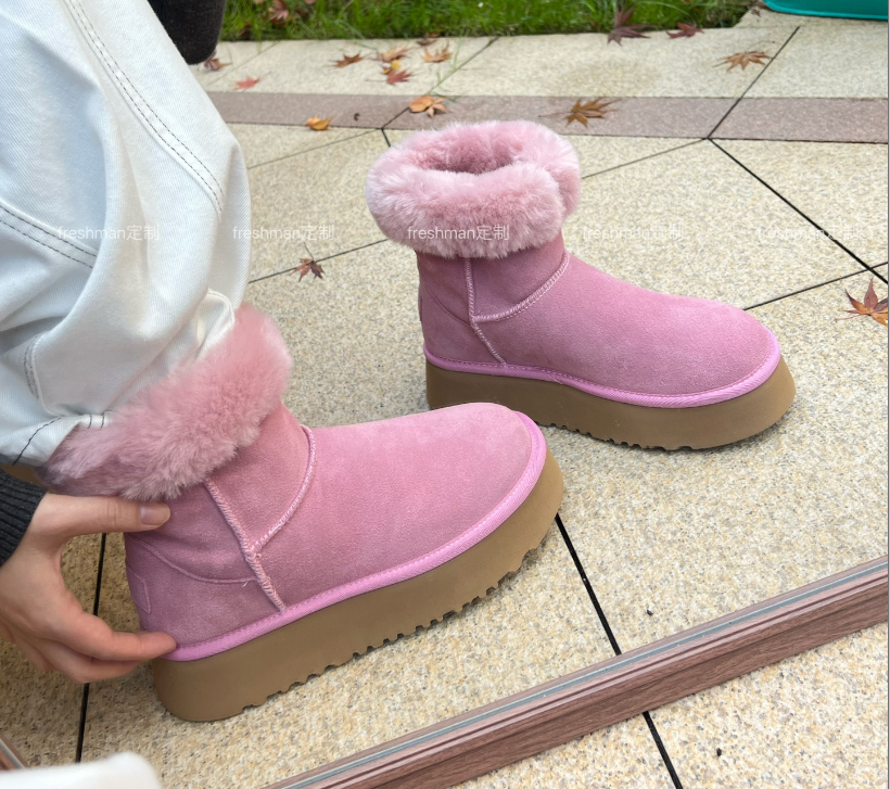 【pink~少女】厚底牛皮版~学院风短靴一脚蹬韩版中帮时尚雪地靴