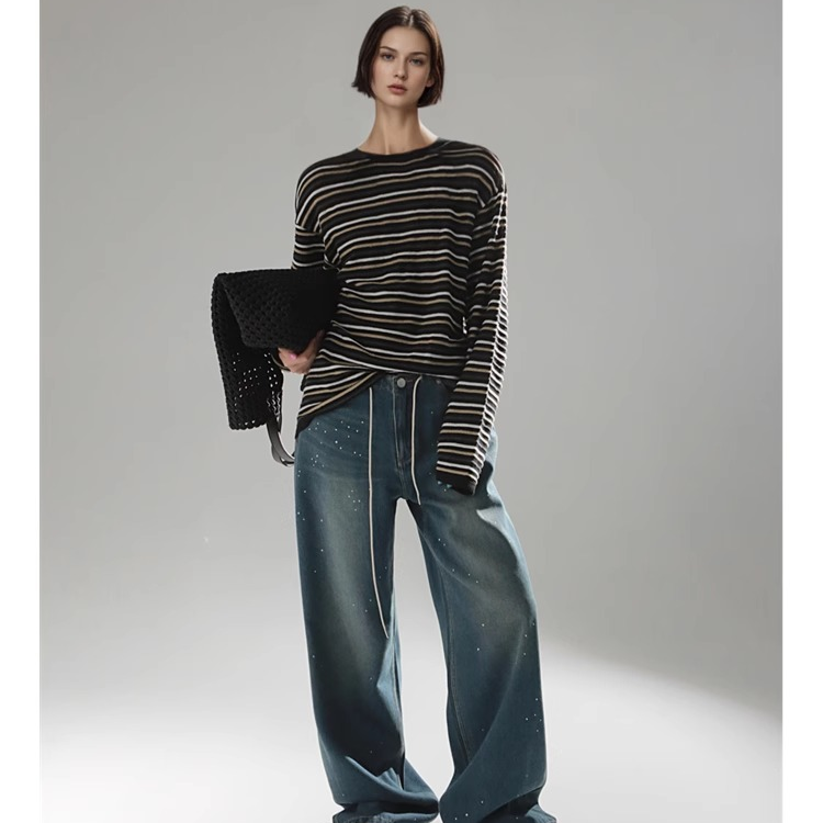 雅靓-风水钻复古抽绳牛仔裤女宽松阔腿休闲直筒牛仔裤女PI24K211