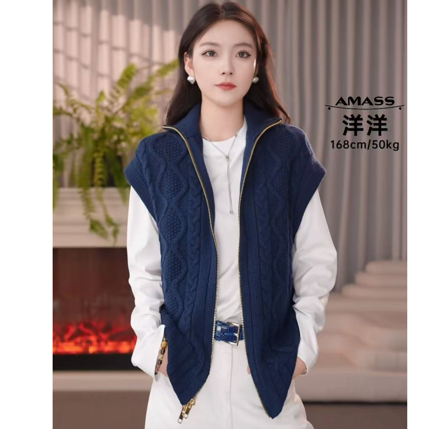 AMASS/阿玛施秋冬老钱风松弛感绞花纹羊毛针织百搭马夹外套548069