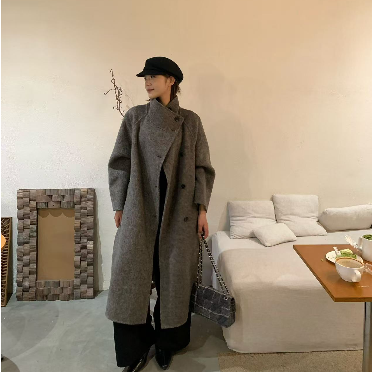 秋冬女厚款纯色呢子长款羊毛毛呢外套翻领时尚百搭9987