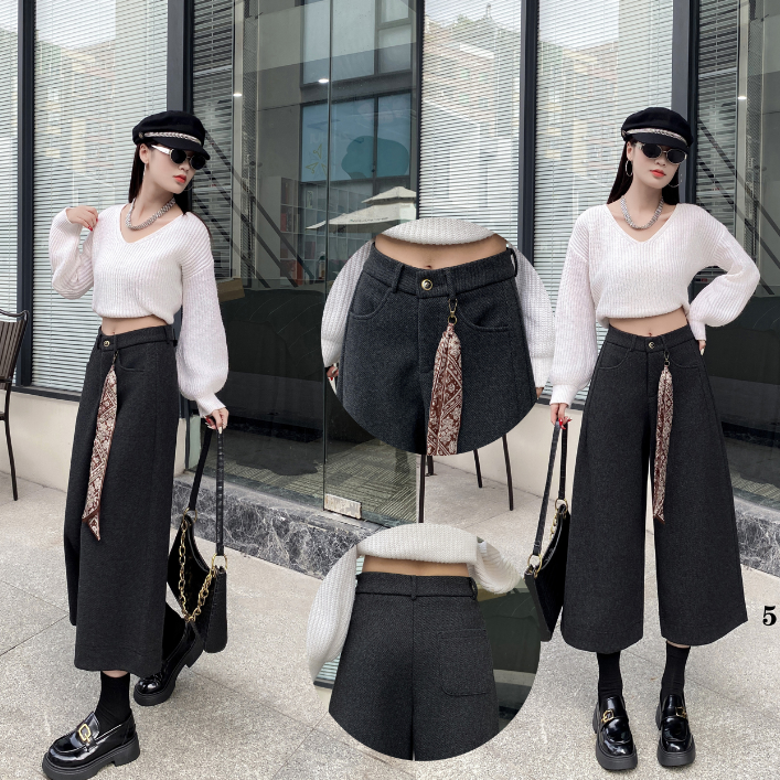2025冬季新款韩版加厚高腰阔腿八分毛呢裤#51191【裤长82】配丝巾