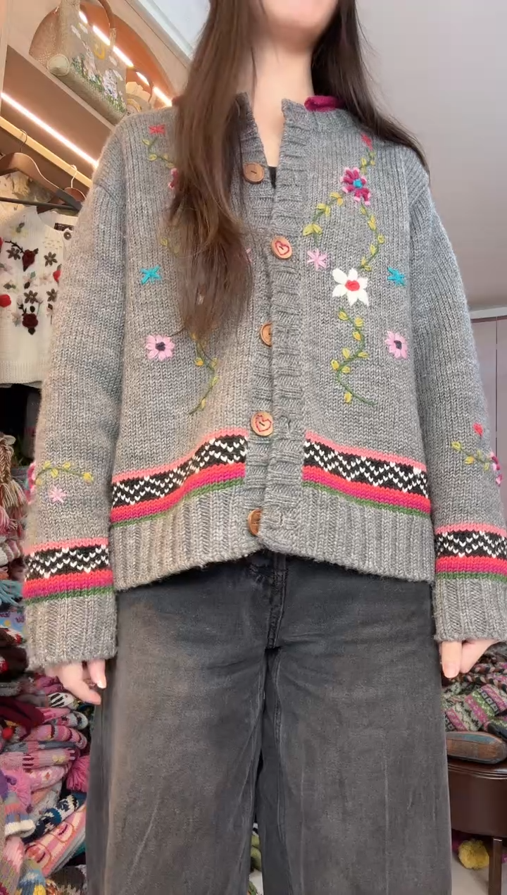 羊毛灰色开衫毛衣l码