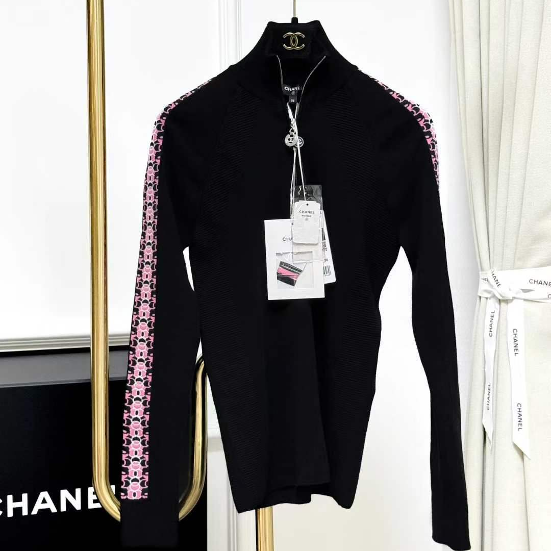 99新 Chanel/香奈儿 36码20N黑色拼粉色双C提花针织上衣