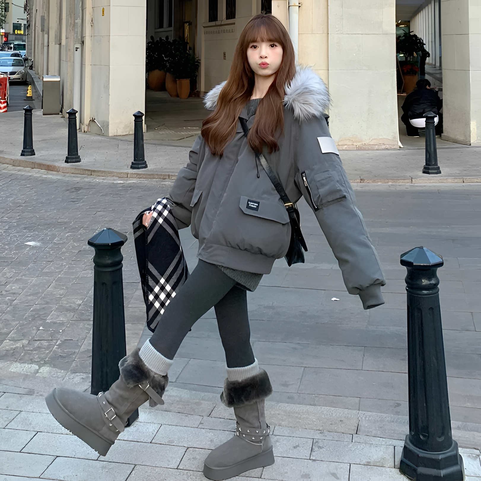 派克服女工装小个子2025新款美式复古灰色棉服加厚宽松潮牌外套女