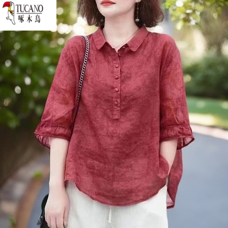 啄木鸟夏季新款显瘦翻领衬衫女士洋气文艺大码宽松提花衬衣薄款T
