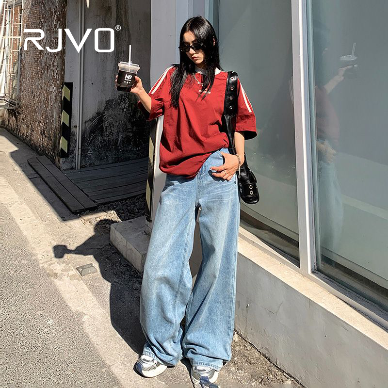 RJVO蓝色复古高腰水洗牛仔裤女2025新款宽松休闲阔腿直筒裤子