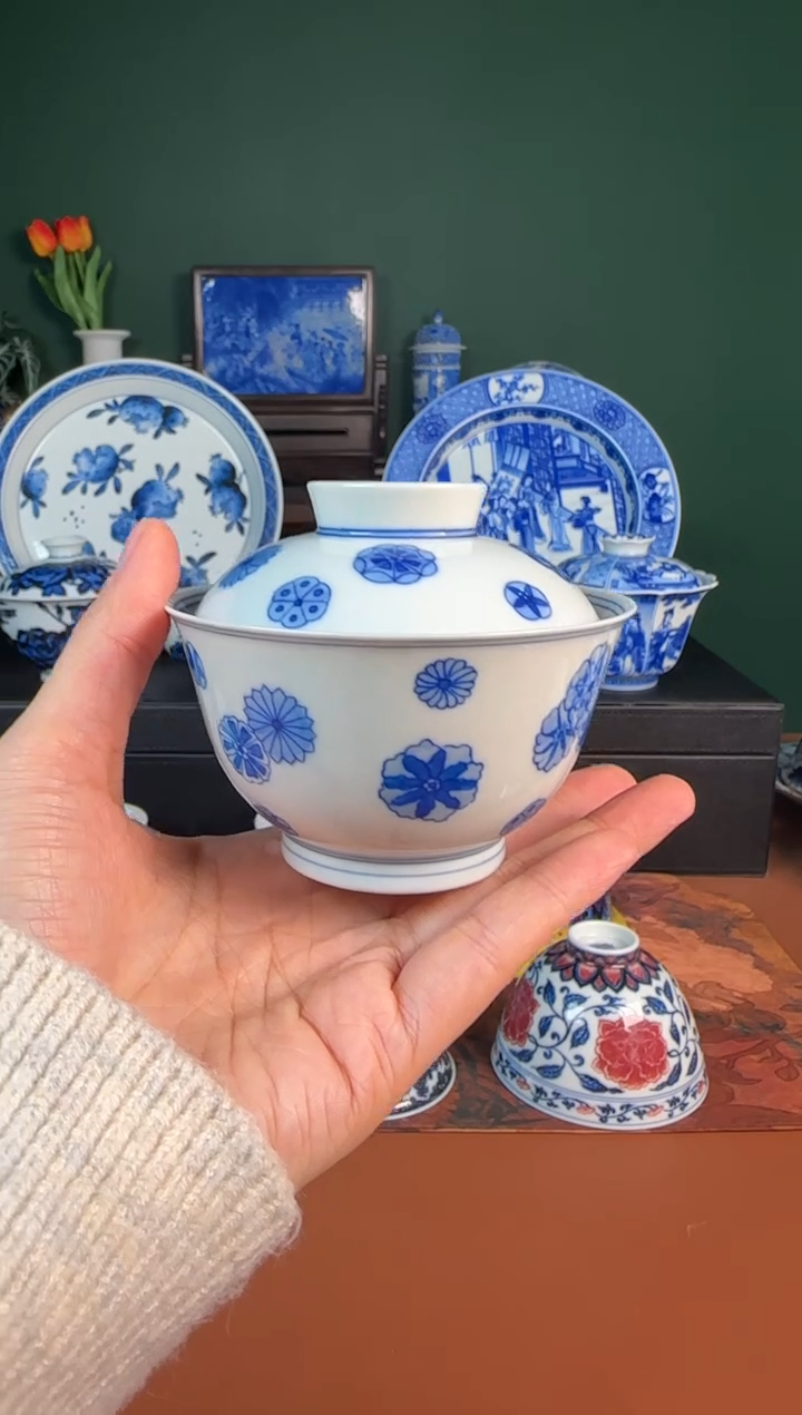 【闪购商品】杯福利 青花 皮球花 盖碗。