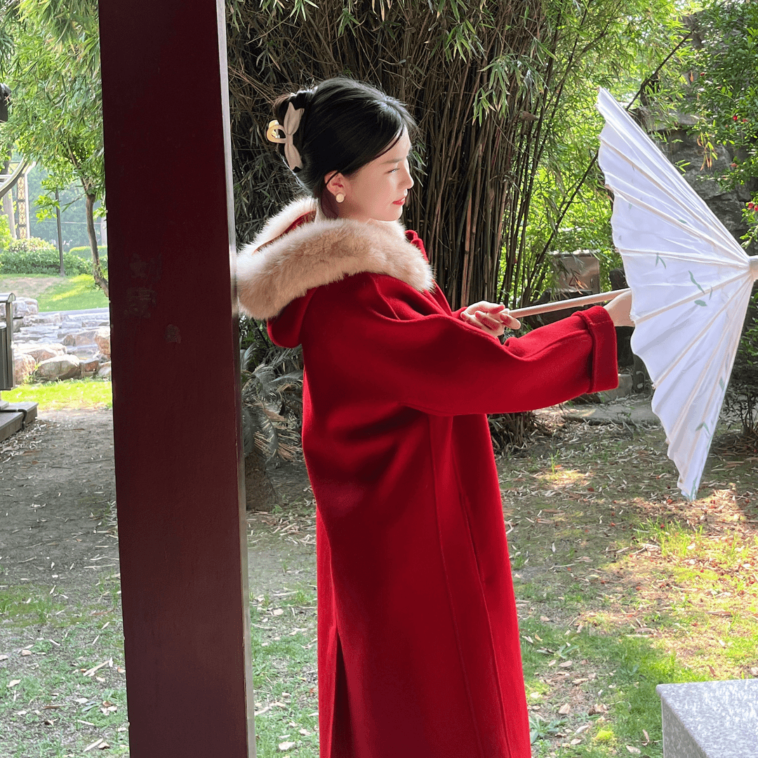 小魔女狐狸毛领双面呢2025秋连帽双面羊绒大衣女中长款羊毛呢外套