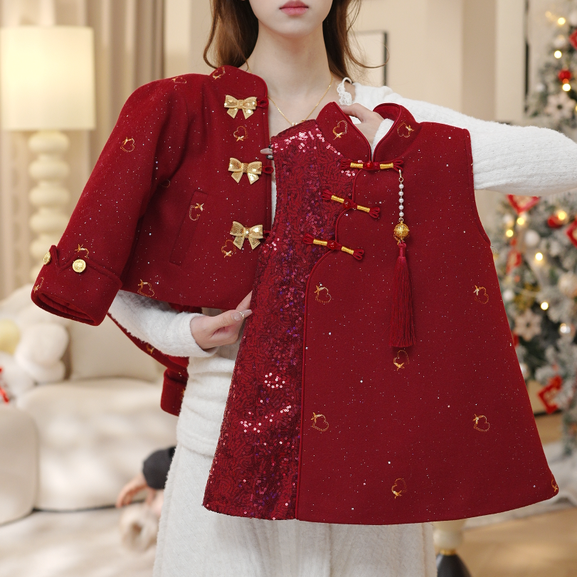 冬季女童高级红色新款夹棉加厚外套上衣背心裙套装两件套DA30979