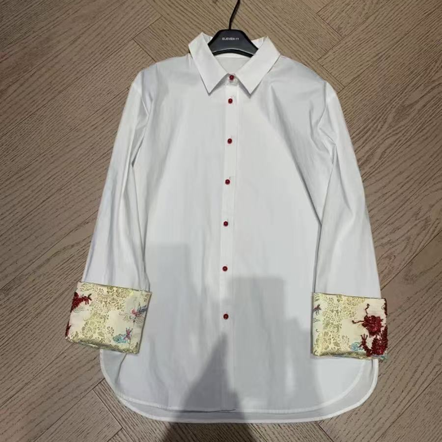 D31222南油爆款绣花袖口国风新中式长袖衬衫