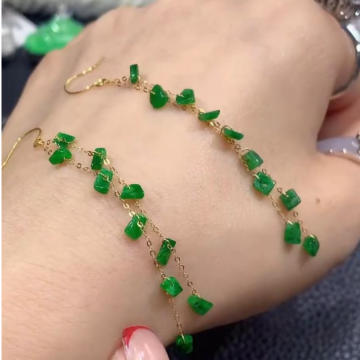 【云中意】18K金镶嵌翡翠随型流苏耳饰-多样性发货-zjh