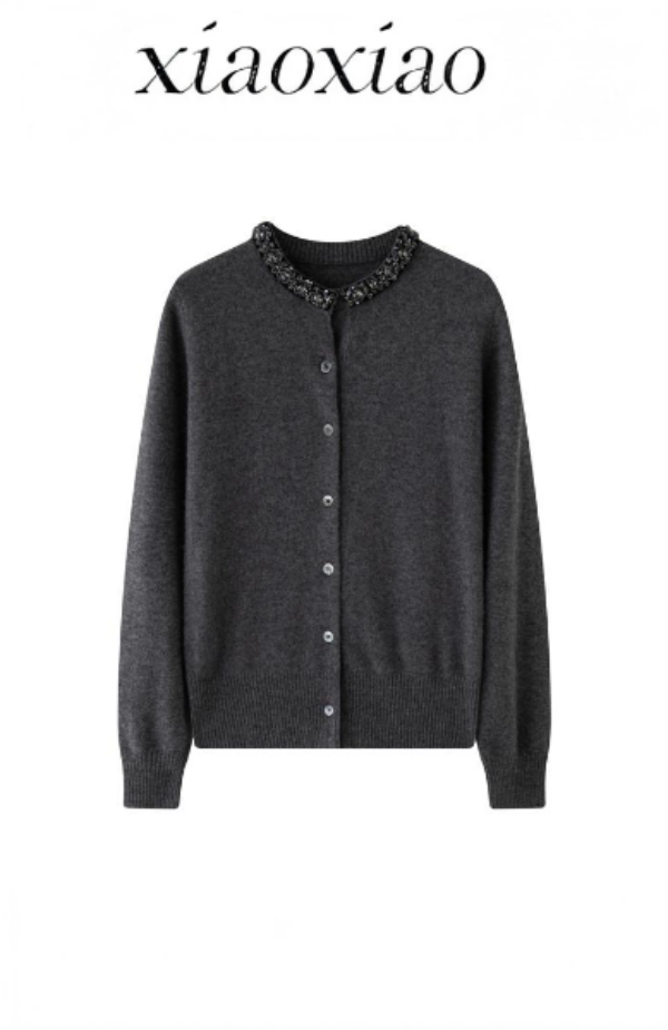 领口碎钻羊绒针织圆领开衫