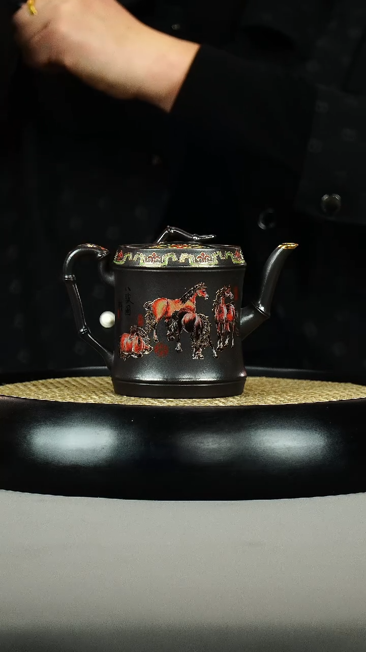 茶壶紫砂石黄 竹段 珐琅彩 八骏图