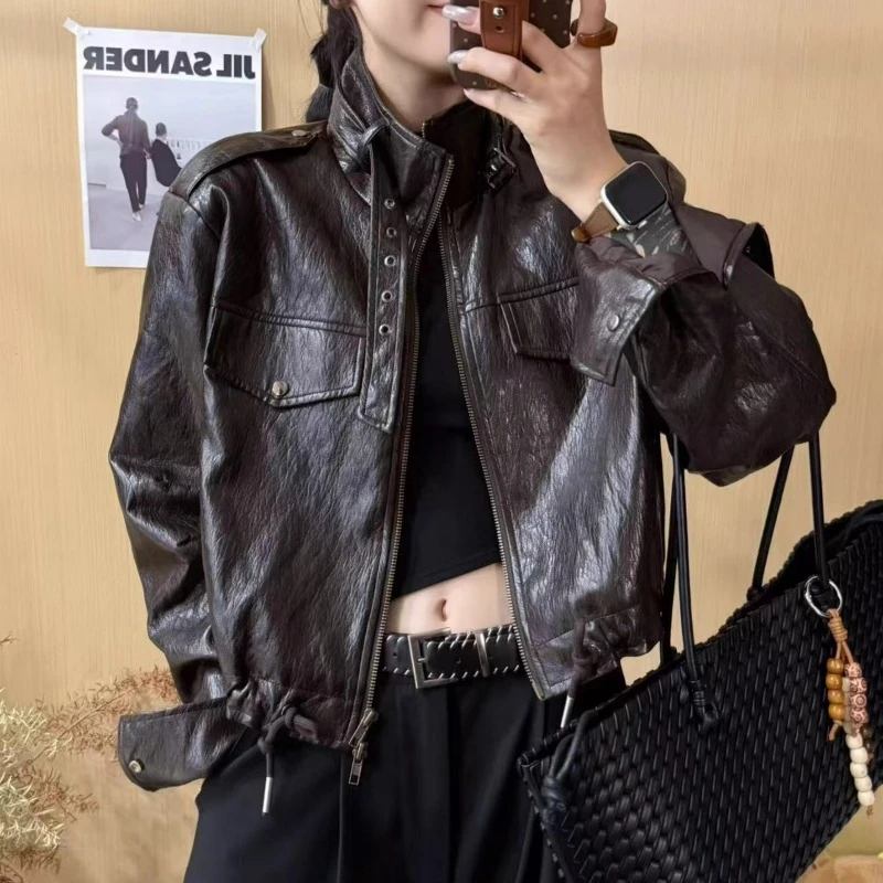 高级感立领皮衣女2025秋新款复古百搭夹克外套