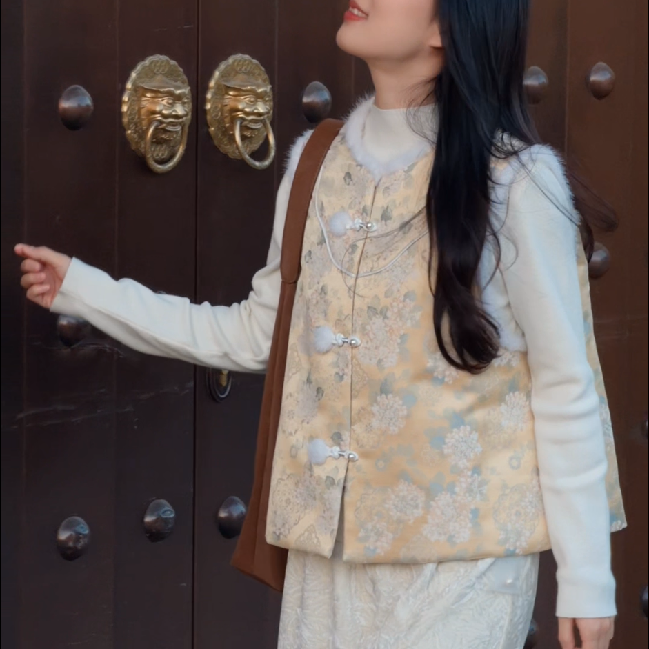 云期一梦【黄梁梦】水貂毛加厚棉马甲！填充绵羊毛！真丝面料~