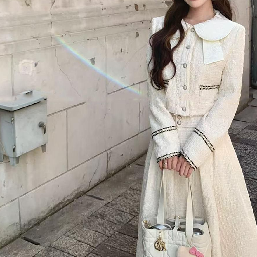 早秋甜美优雅气质小香风时尚千金法式短款上衣高腰半身长裙套装