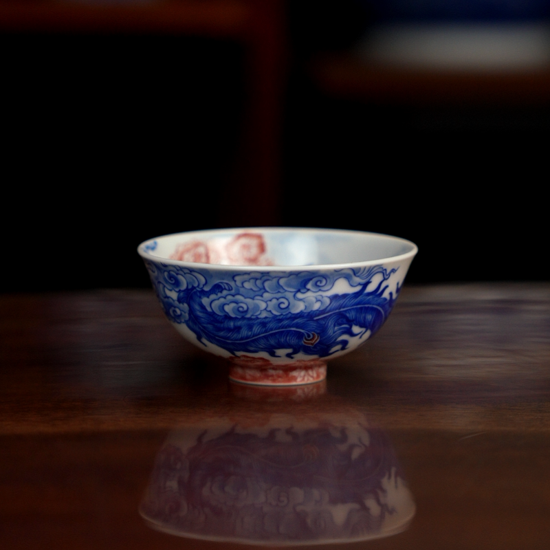 自成堂柴窑青花凤主人杯鸡心杯景德镇陶瓷品茗高档个人专用茶杯