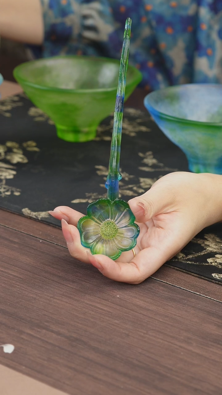 手工艺品琉璃蓝绿色梅花茶匙