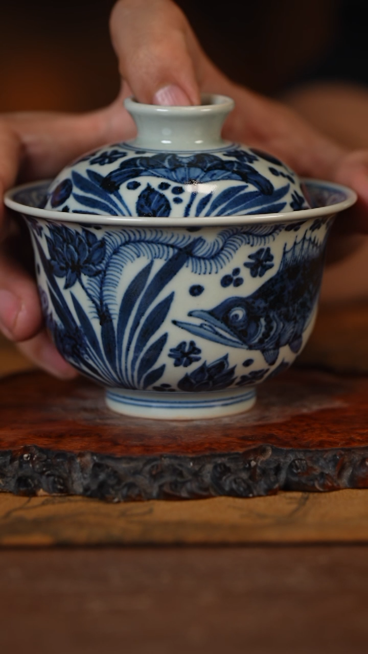 【闪购商品】杯古蓝堂 青花鱼藻纹盖碗