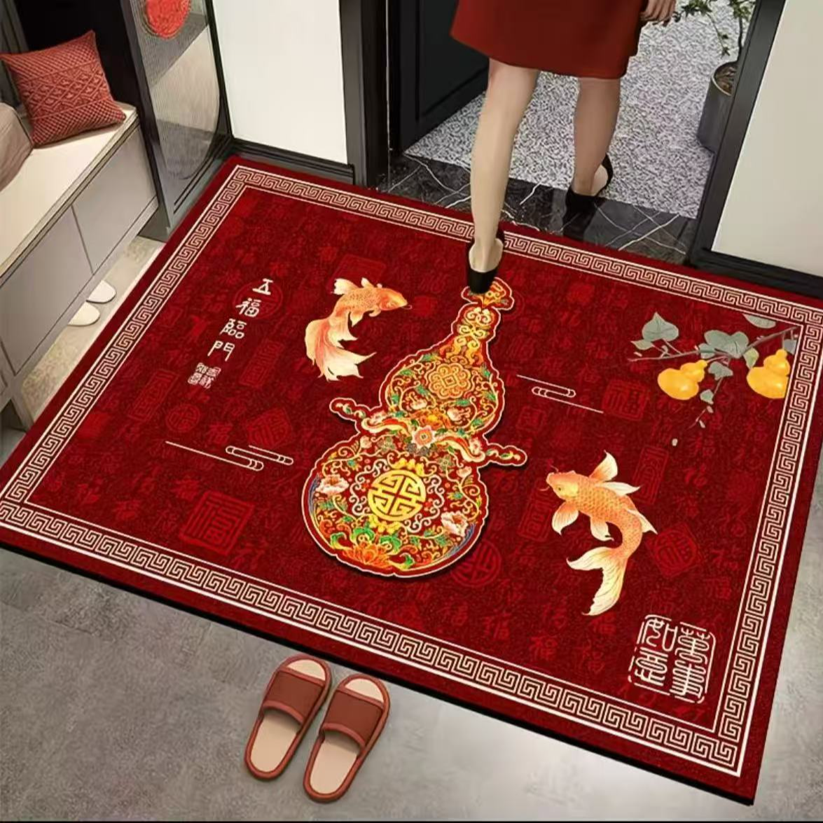 80*120红色喜庆短平绒入户门地垫吸水速干防滑耐脏玄关门口垫子
