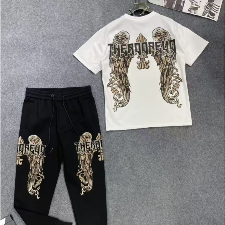 夏季潮牌高品男装个性时尚休闲运动轻奢字母翅膀黑白短袖T恤11932