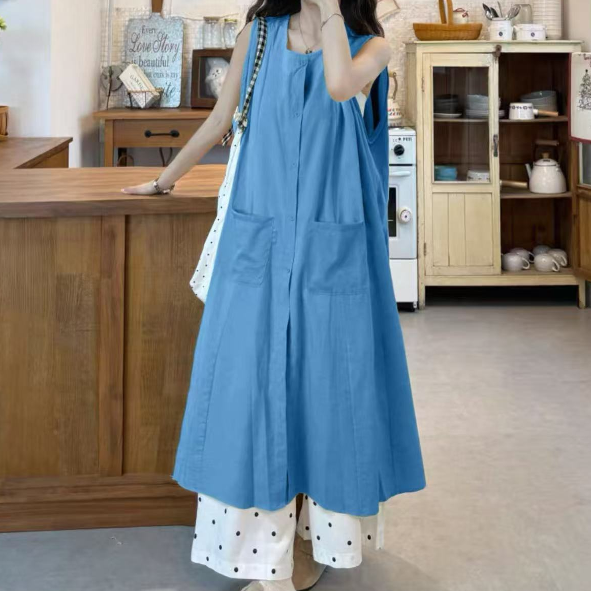 婷婷家温柔盐系穿搭无袖背心裙白色波点阔腿裤女夏休闲叠穿两件套