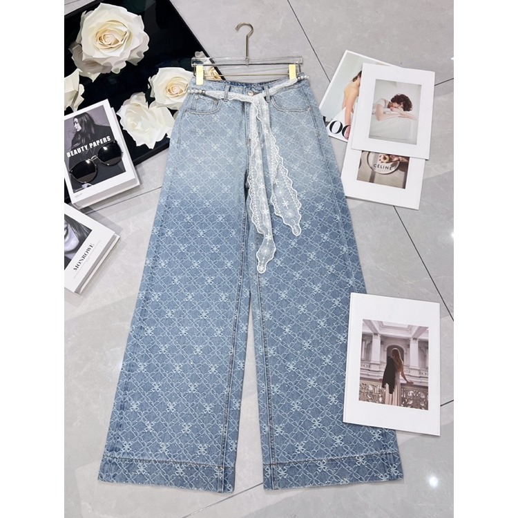 5028K蕾丝腰带四叶草烫钻阔腿牛仔裤