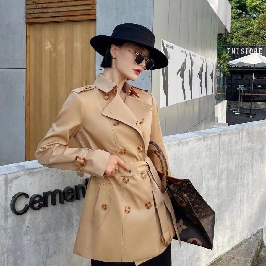  春季新款英伦风收腰修身双排扣经典风衣外套休闲中长款女