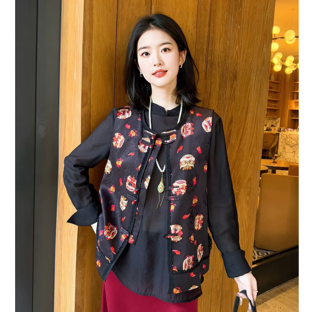 集合链接国风马甲招财金币如意扣醒狮印花百搭气质提花马夹时尚