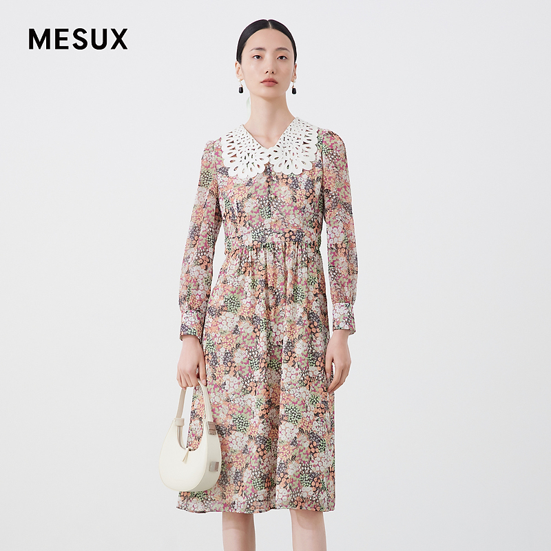 【许半夏专享】MESUX米岫春雪纺印花度假风法式复古透视长袖连衣裙M